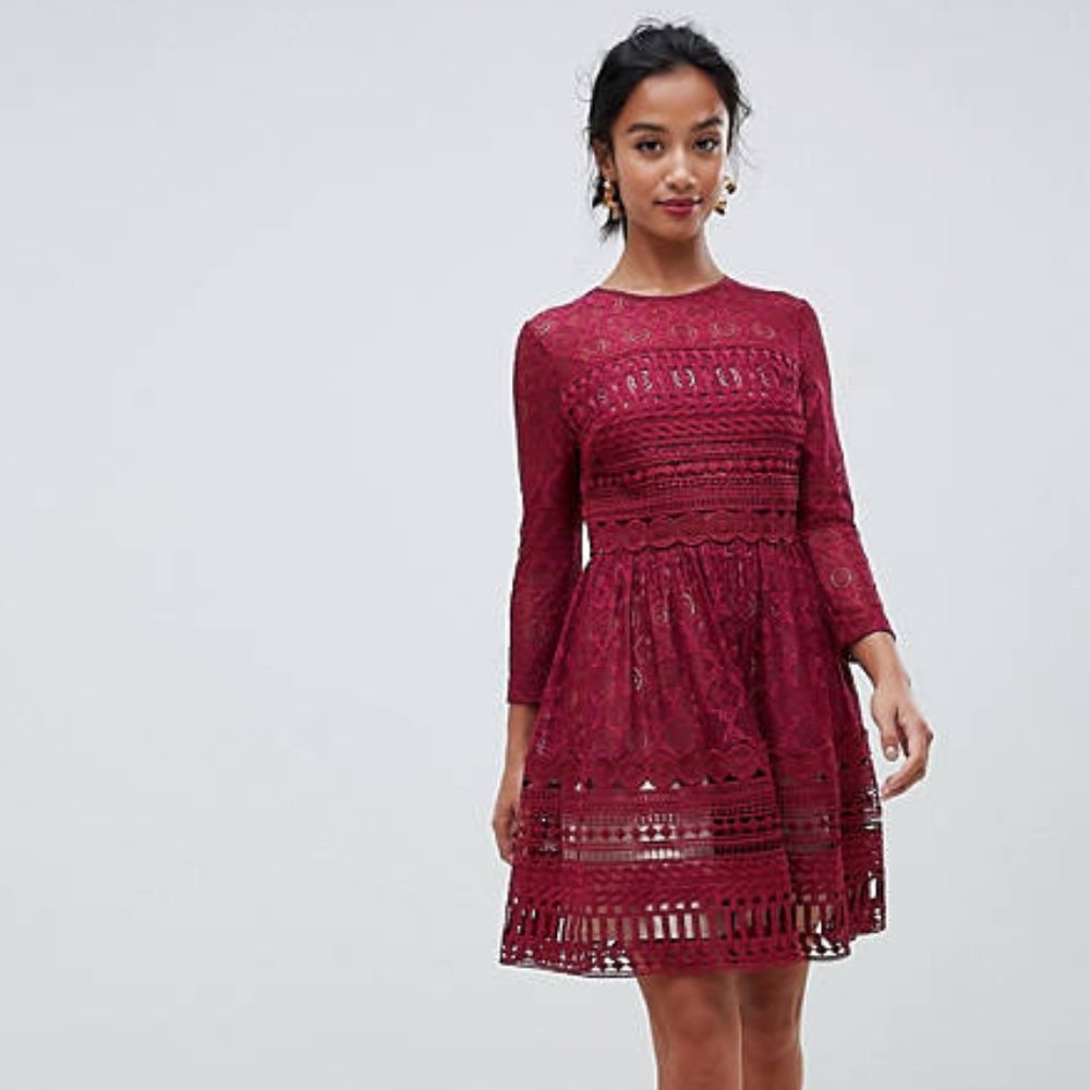 ASOS Design Premium Lace Mini Skater Dress in Oxblood